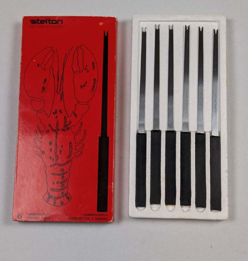 Vintage Stelton Denmark 6 Pc Lobster Fork Set Erik Magnussen MCM Stainless Steel
